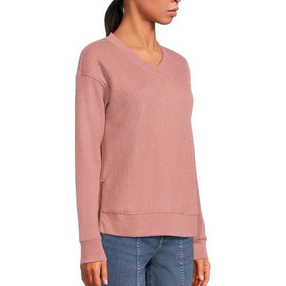 LL Bean Women Birchwood Brushed Waffle Knit V-Neck Long Sleeve Top Medium Pink - Picture 2 of 14